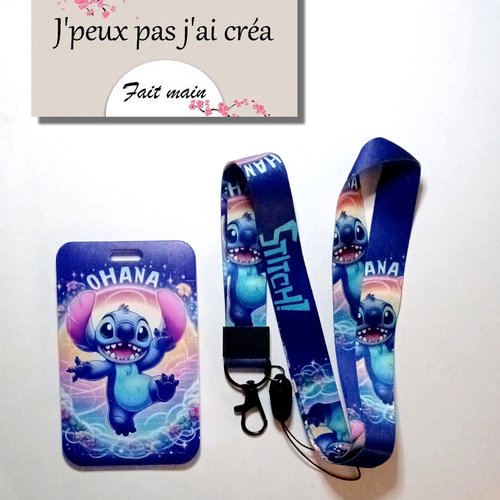 Stitch lanière de cou + porte carte stitch,tour de cou, cordon porte clefs, carte de bus, cantine, cmi,permis de conduire