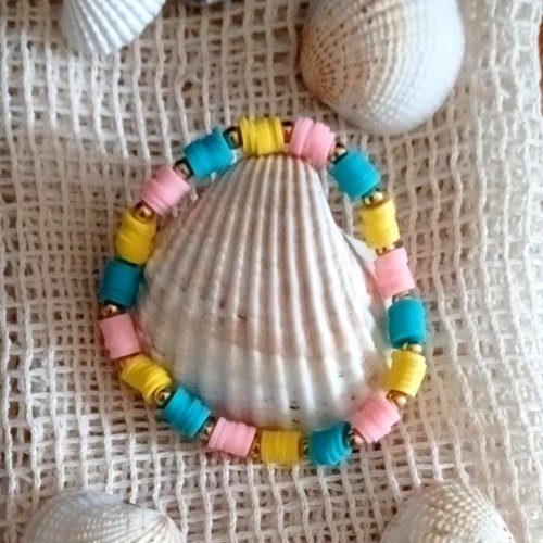 Bracelet heishi, rose bleu, jaune. diamètre 18 cm