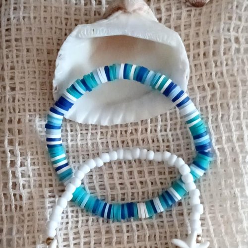 Bracelet en perles heishi et bracelet étoile et perles acryliques blanche