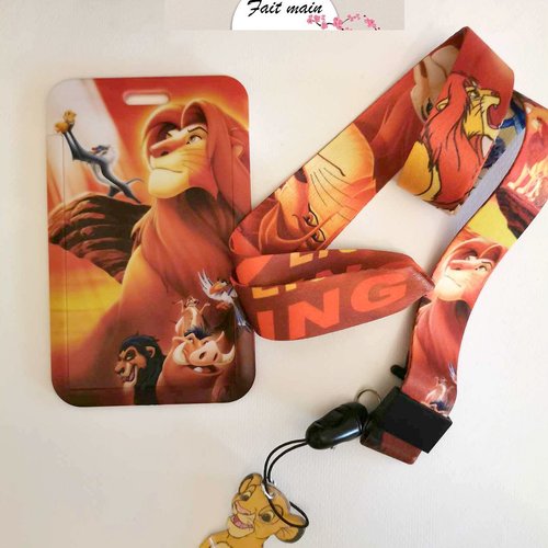 Lanière de cou + porte carte roi lion,tour de cou, cordon porte clefs, carte de bus, cantine, cmi. le roi lion