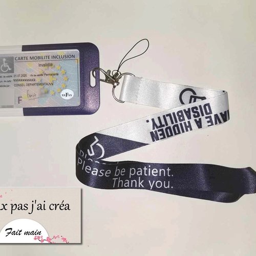 Tour de cou + porte carte handicap, porte clés,lanière de cou,,pass nivigo, porte carte cmi,porte badge: handicap invisib