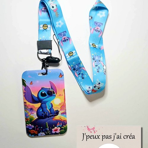 Stitch lanière de cou + porte carte stitch,tour de cou, cordon porte clefs, carte de bus, cantine, cmi,permis de conduire