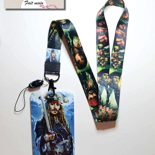Pirate des caraïbe lanière de cou + porte carte, porte clés, carte cmi, cantine,bus, bureau,permis de conduire