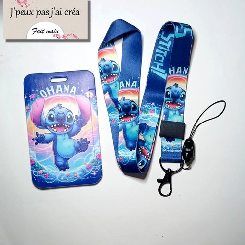 Stitch lanière de cou + porte carte stitch,tour de cou, cordon porte clefs, carte de bus, cantine, cmi,permis de conduire