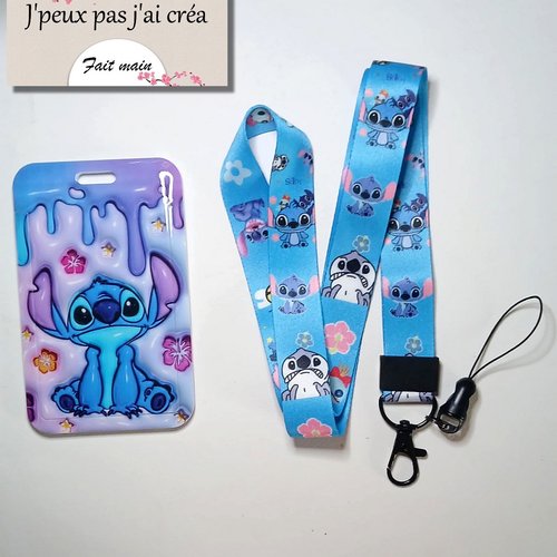 Stitch lanière de cou + porte carte stitch,tour de cou, cordon porte clefs, carte de bus, cantine, cmi,permis de conduire
