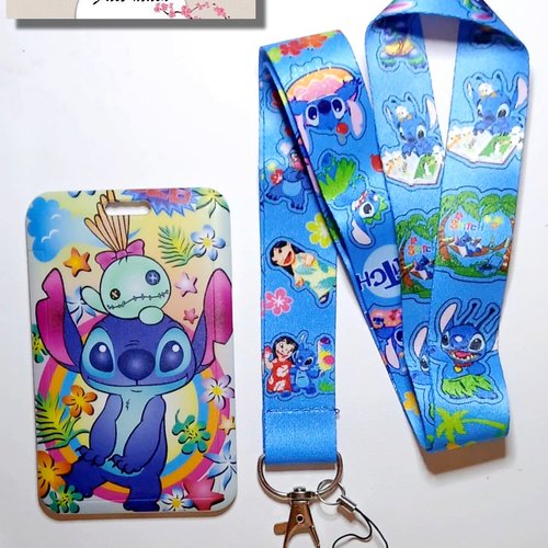 Stitch lanière de cou + porte carte stitch,tour de cou, cordon porte clefs, carte de bus, cantine, cmi,permis de conduire
