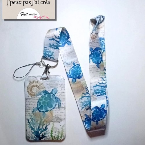 Tortue de mer lanière + porte carte,tour de cou, cordon porte clefs, carte de bus,cantine,cmi,permis de conduire