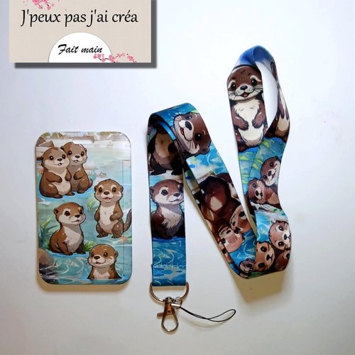 Lanière de cou + porte carte jolie loutre,tour de cou, cordon porte clefs, carte de bus, cantine, cmi,permis de conduire