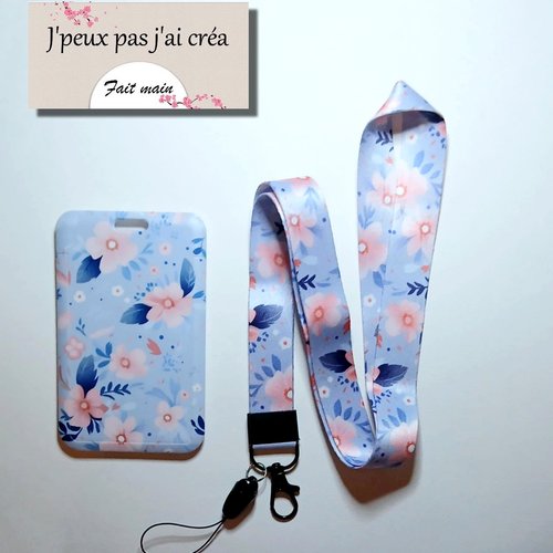 Lanière de cou + porte carte, fleurs,porte carte cmi, bus, cantine, identité, permis de conduire