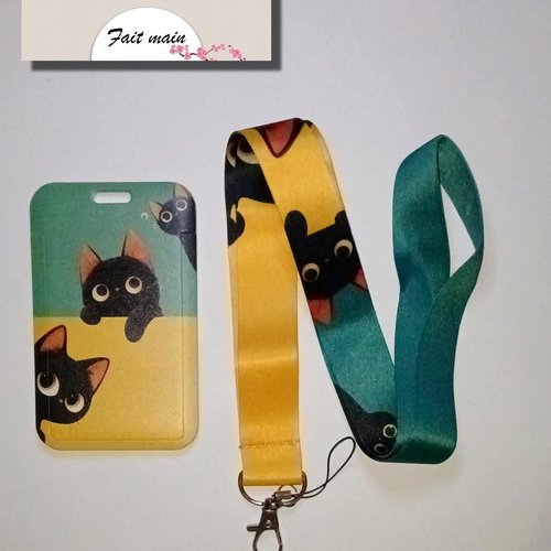 Lanière de cou + porte carte chat,tour de cou, cordon porte clefs, carte de bus, cantine, cmi,permis de conduire