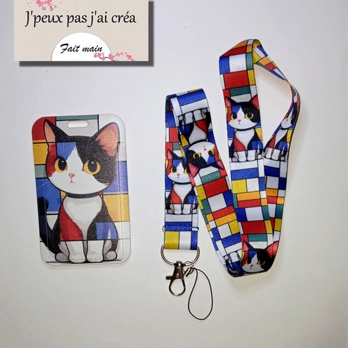 Lanière de cou + porte carte chat,tour de cou, cordon porte clefs, carte de bus, cantine, cmi,permis de conduire