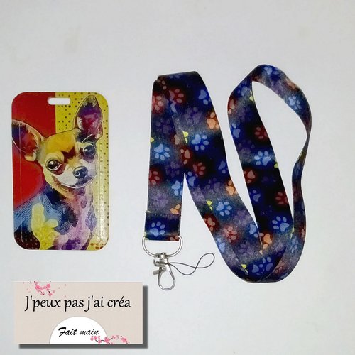 Lanière + porte carte chihuahua,tour de cou, cordon porte clefs, carte de bus, cantine, cmi,permis de conduire