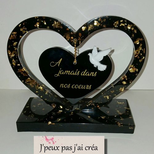 Plaque souvenir résine époxy,noire,feuille d'or, "a jamais dans nos coeurs"