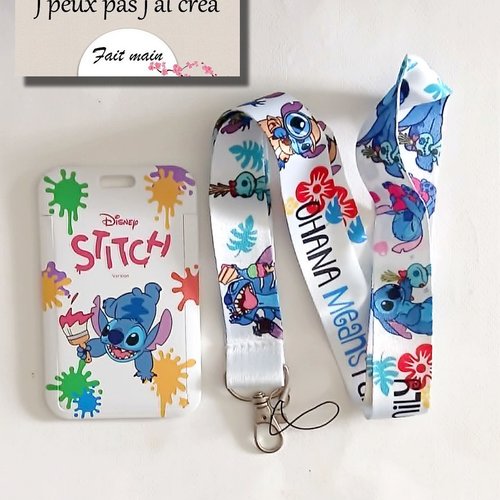Stitch lanière de cou + porte carte stitch,tour de cou, cordon porte clefs, carte de bus, cantine, cmi,permis de conduire