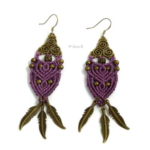 Boucles d'oreilles  en micro-macramé mauve et bronze - réf. bo 0094