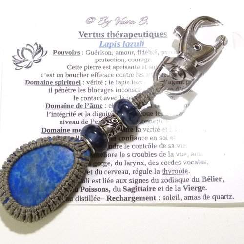 Bijoux de sac et/ou porte-clés - gemmes "lapis lazuli" et  macramé - réf. s 0004