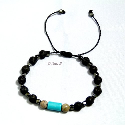 Bracelet en pierre de lave, hématite et turquoise - ref. br 0386