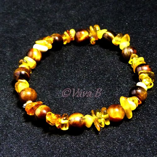 Bracelet en pierres naturelles - ambre et oeil de tigre - ref. br 0388