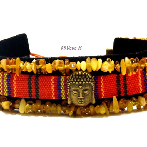 Bracelet ethnique bouddha en pierres naturelles - ambre - ref. br 0396