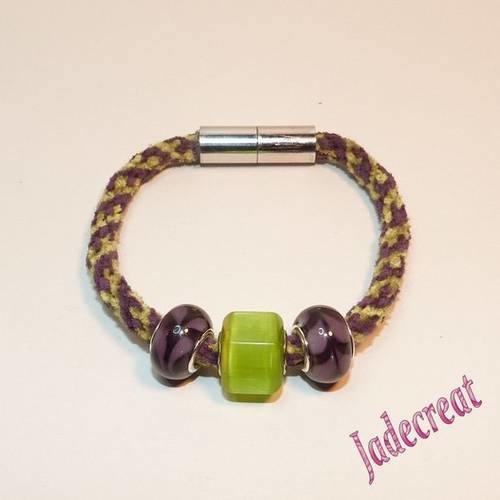 Bracelet style "pandora" violet/anis -  tressé au kumihimo