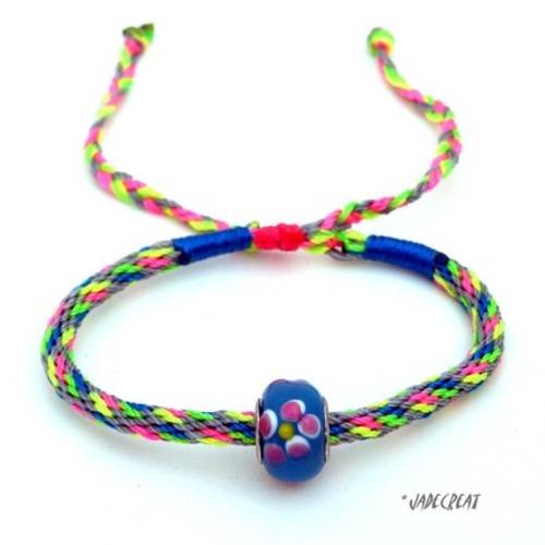 Bracelet  kumihimo - réf. br 0230 - gris, bleu, vert,rose et jaune fluo 