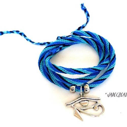 Bracelet  wrap 3 tours - oeil d'horus  - tons bleus - réf. br 0255 