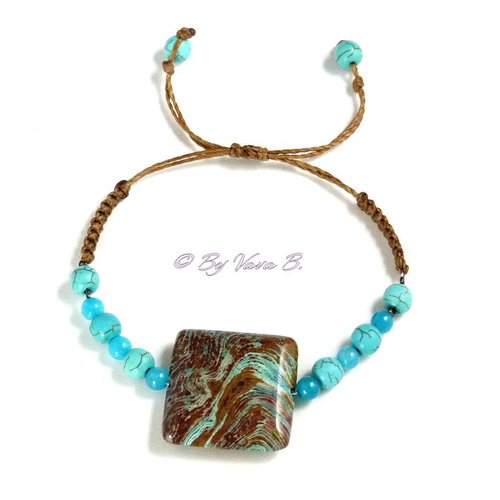Bracelet jaspe et turquoise - macramé gemmes - ref. 0358