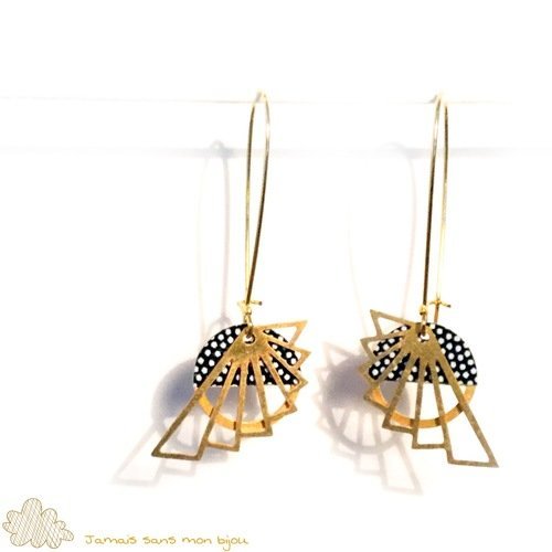 Boucles d'oreille originales et chic sequins rond et éventail motif japonais pois blancs sur fond noir en papier japonais