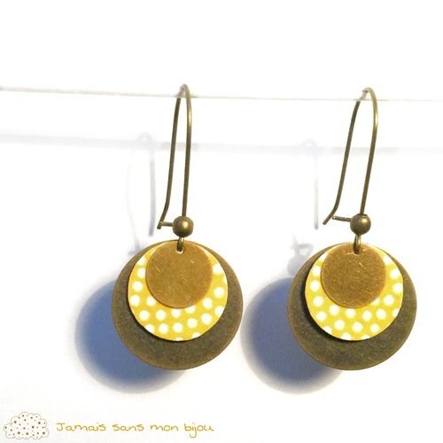 Boucles d'oreille originales rondes bronzes motif pois blancs et jaune
