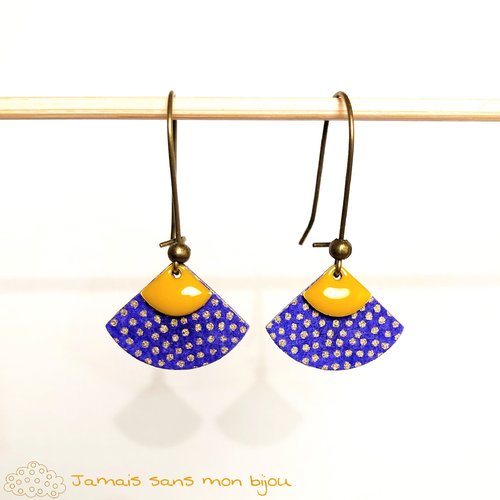 Boucles d'oreille originales bleu, jaune moutarde, pois doré et bronze, forme éventail, papier japonaisi