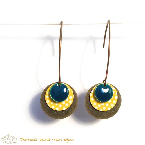 Boucles d'oreille rondes bronze, bleu, jaune et blanche