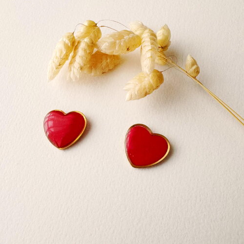 Boucles d'oreilles puces rouges coeur, clou puce cœur, modèle amour, doré à l’or fin 24k, cadeau saint valentin