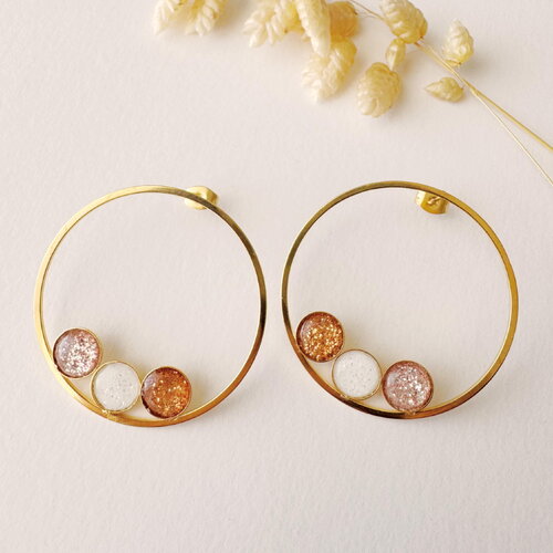 Boucle d'oreille graphique, originale, clou puce art déco cercle, nina, rose cuivre paillette argenté, acier inoxydable or, cadeau