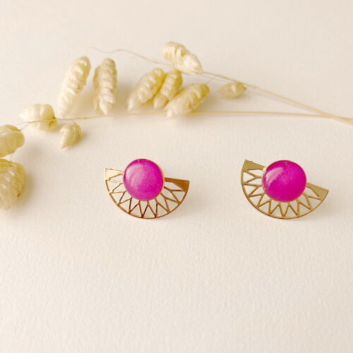 Boucle d'oreille rose fushia graphique 2 en 1, clou puce éventail modifiable, modèle lili, or fin 24k