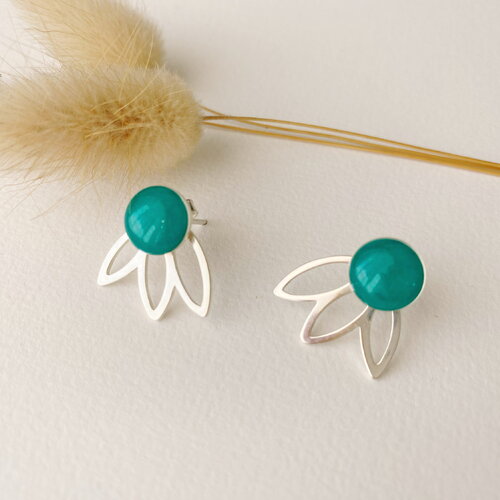 Boucle d'oreille bleu vert graphique 2 en 1, clou puce éventail modifiable, modèle fleur, argent 925