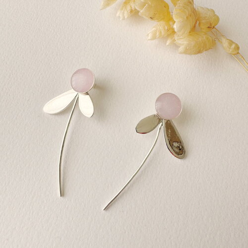 Boucle d'oreille rose graphique 3 en 1, clou puce fleur modifiable, modèle zoe, argent fin 925