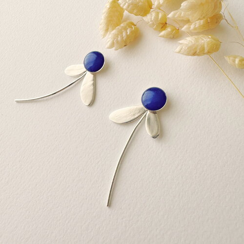Boucle d'oreille bleu roi graphique 3 en 1, clou puce fleur modifiable, modèle zoe, argent fin 925, lapis-lazuli
