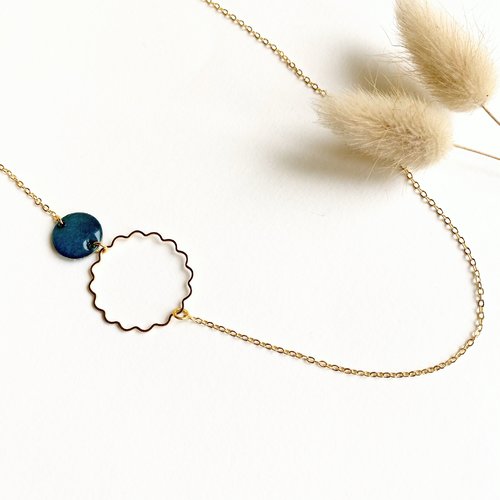 Collier sautoir minimaliste, pendentif rond, or fin 24k, or, papier japonais, résine, bleu pétrole, cadeau, bijoux, femme