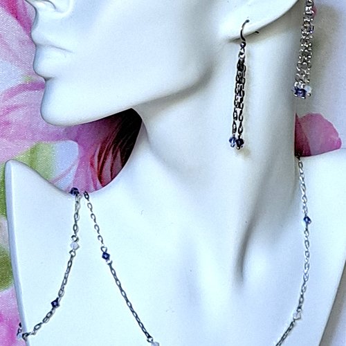 Parure collier, bracelet et boucles d'oreilles en acier et cristal