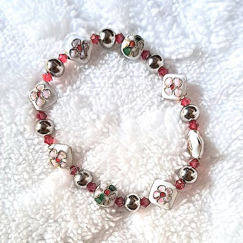 Bracelet élastique en perles chinoises cloisonnées, perles rondes en acier et toupies en pure cristal