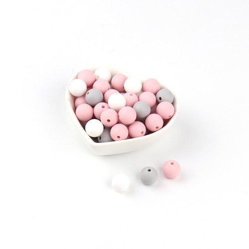 Perle silicone 12 mm lot de 10 pour confection hochet, attache tétine collier d'allaitement, rose, gris/blanc