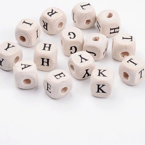Lettre alphabet perle cube en bois naturel hêtre 10 mm de côté et 3 mm pour trou à l'unité