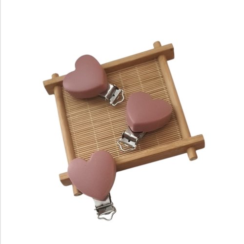 Clips accroche tétine, pince coeur en silicone pour attache tétine marron rosé