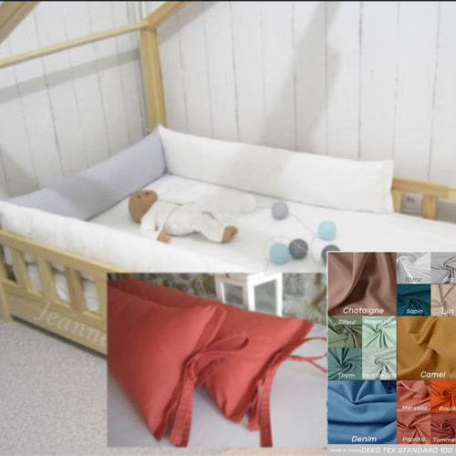 20-22 cm traversin coussin plat, contour de lit avec lanières d'attache, tour de lit cabane montessori ou lit classique à barreaux.