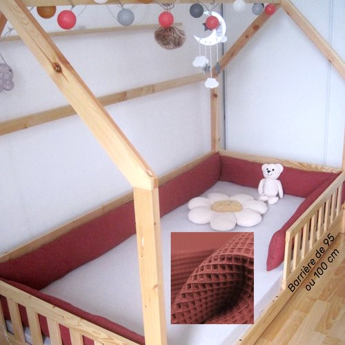 Tour de lit complet pour lit cabane 90x190 tissu nid d'abeille bordeaux