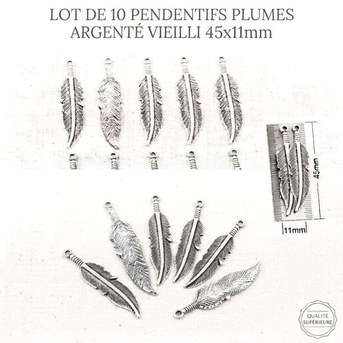 Lot de 10 pendentifs plumes en métal argenté 45x11mm