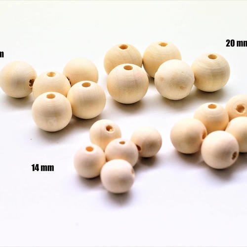 Lot de 20 perles rondes en bois naturel assorties 20, 18, 16, 14 mm