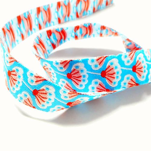 Coupon de 1m ruban polyester bleu à motifs fleurs, largeur 16 mm