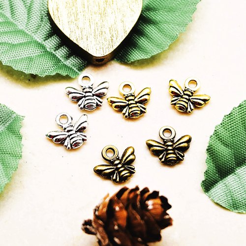 Lot de 10 breloques abeilles métal doré, argent vieilli, bronze 10x11mm