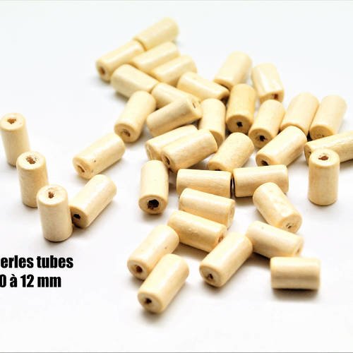 Lot de 25 perles intercalaires bois tubes bois teinté crème, ivoire, 10 à 12 mm de longueur